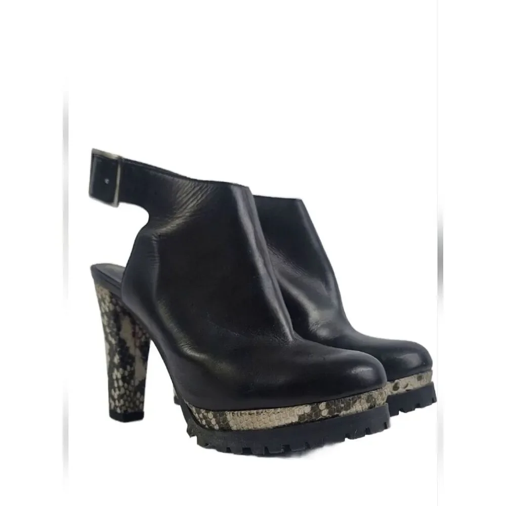 AllSaints Sarris Black White Snakeprint Platform Slingback Booties